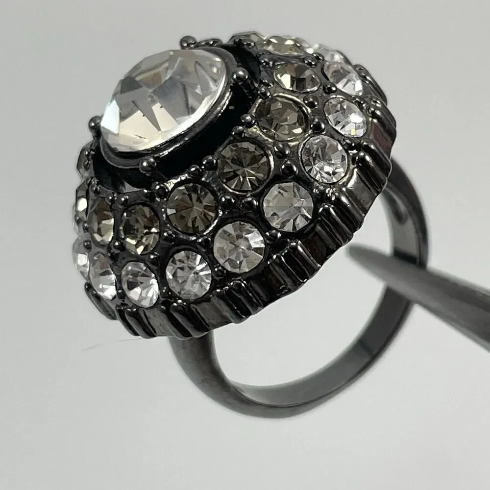Premier Designs Ring Gunmetal White Gray Rhinestone Statement Boho Cocktail Ring
